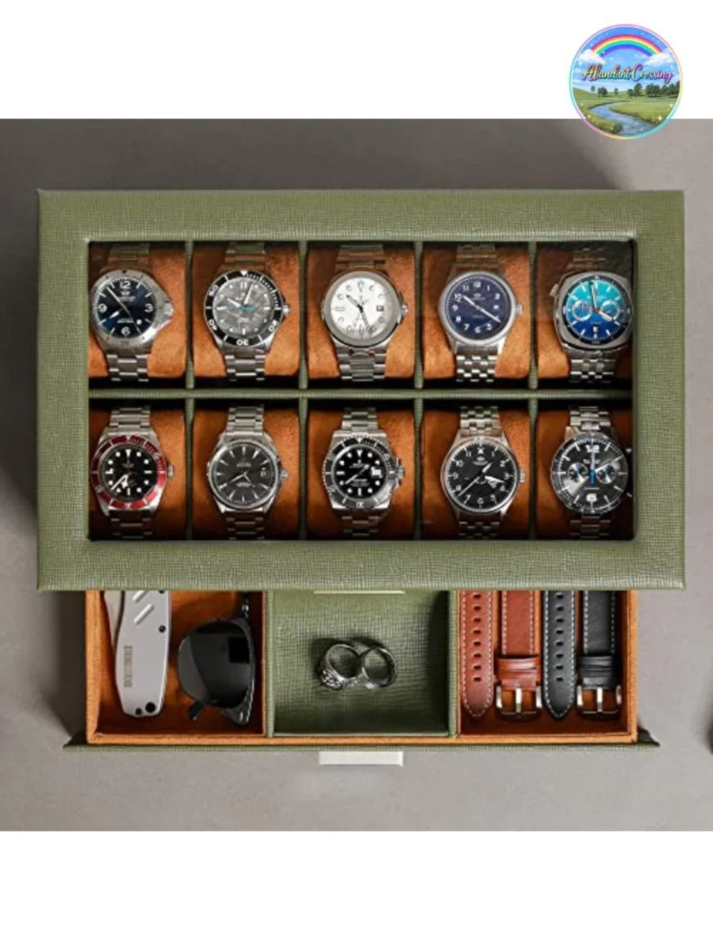 10-Slot Leather Watch Box with Valet Drawer, Lockable Jewelry Organizer